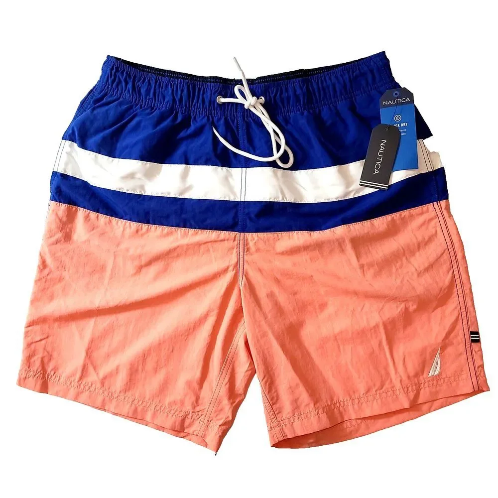 Nautica Mens Small Colorblocked 8 Swim Trunks‎ Pale Coral Blue Orange NEW